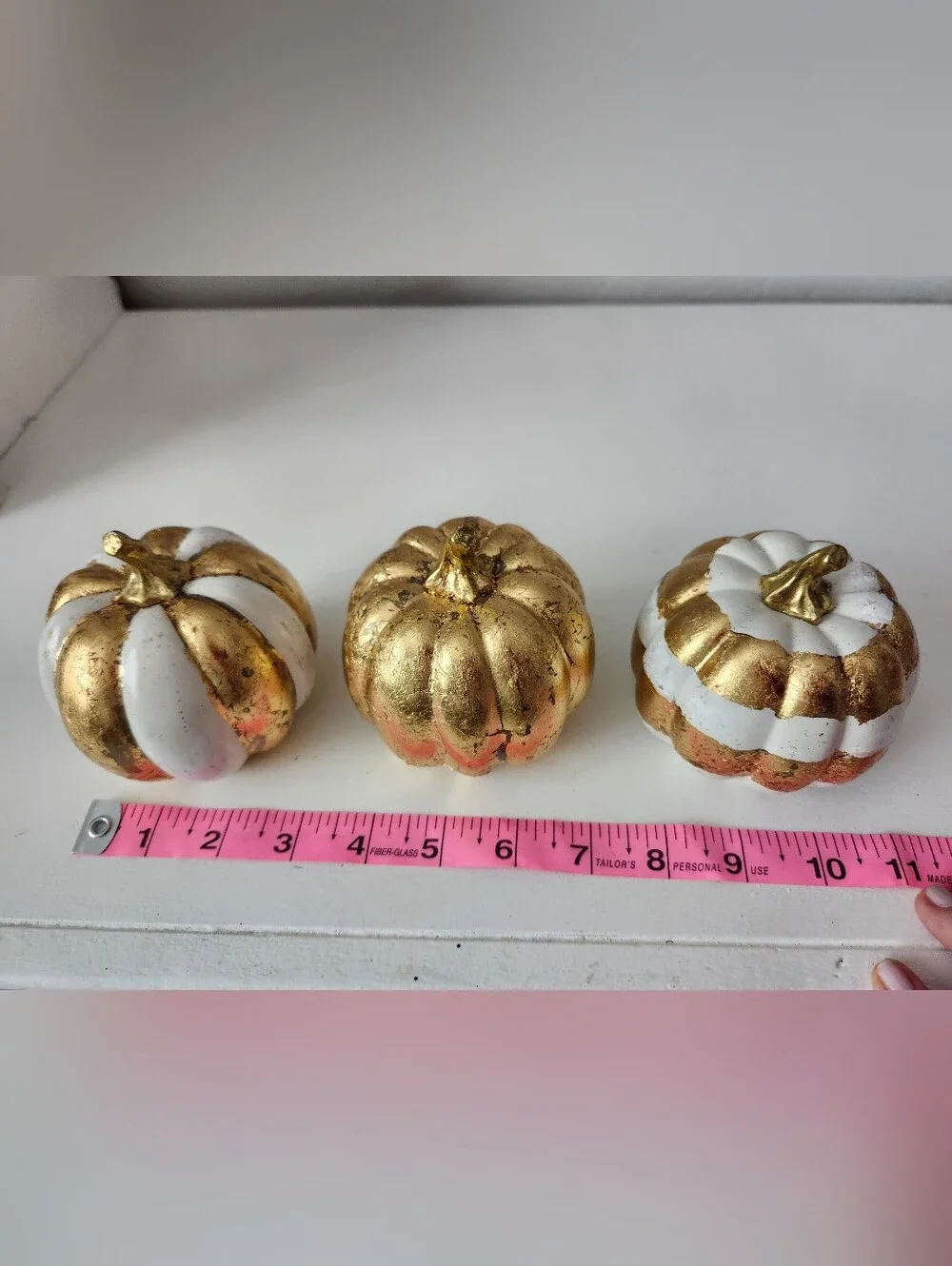 Metallic Gold  Hammerd Tray & White & Gold Pumpkin Trio Hand Painted W/Gold Leaf
